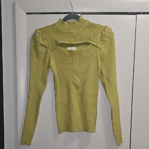 Elegant Olive Green Women's Sweater with Pearl Accents